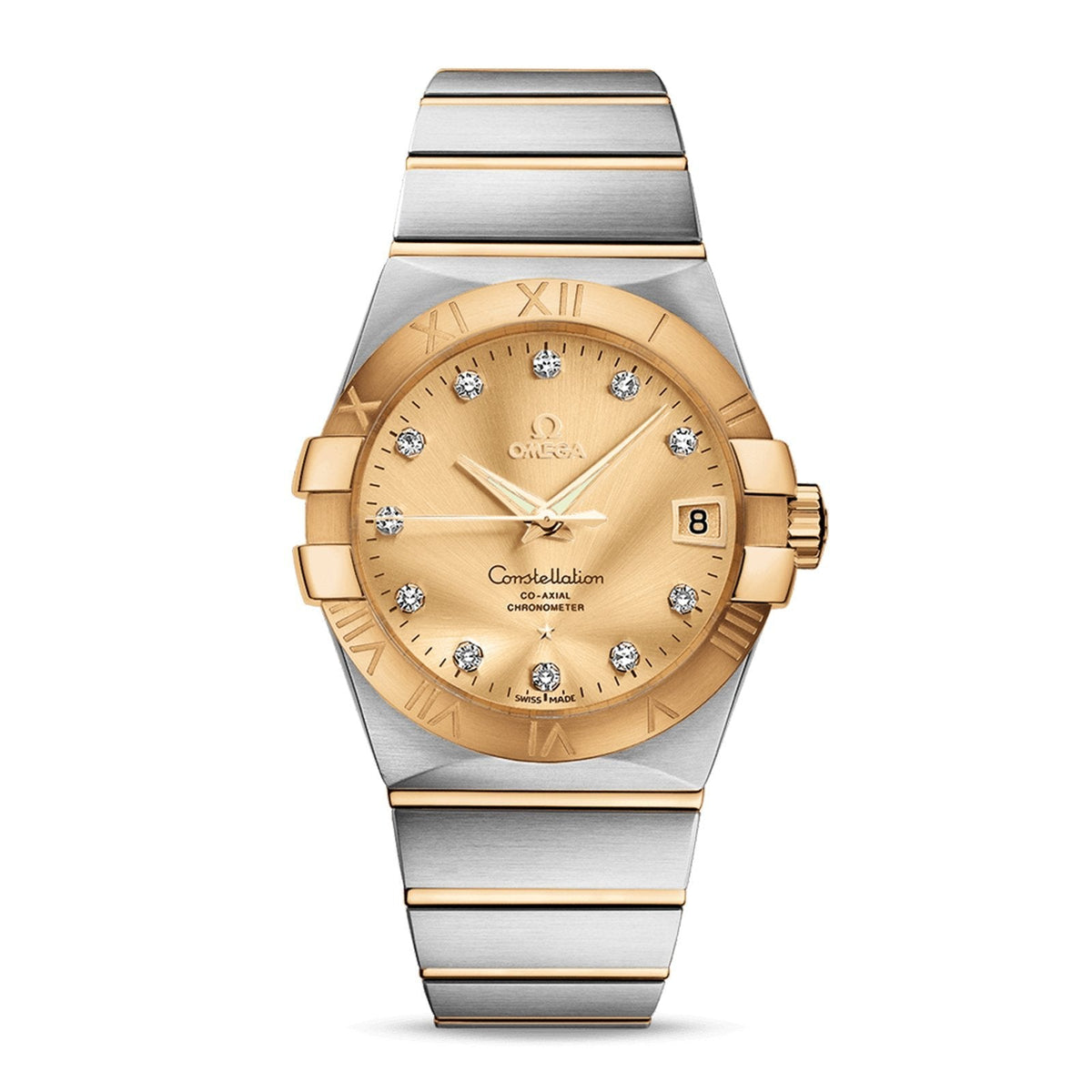 Omega Constellation 123.20.38.21.58.001 men's automatic watch, 38mm two-tone stainless steel and yellow gold-tone case, champagne Supernova dial, Roman numeral bezel, two-tone gold bracelet – front view
