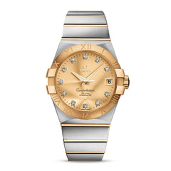 Omega Constellation 123.20.38.21.58.001 men's automatic watch, 38mm two-tone stainless steel and yellow gold-tone case, champagne Supernova dial, Roman numeral bezel, two-tone gold bracelet – front view