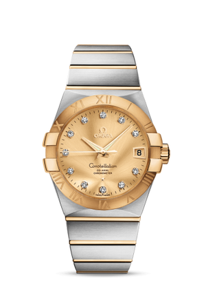 Omega Constellation 123.20.38.21.58.001 men's automatic watch, 38mm two-tone stainless steel and yellow gold-tone case, champagne Supernova dial, Roman numeral bezel, two-tone gold bracelet – full front view