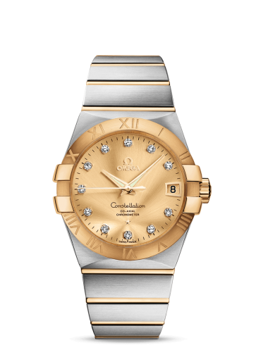 Omega Constellation 123.20.38.21.58.001 men's automatic watch, 38mm two-tone stainless steel and yellow gold-tone case, champagne Supernova dial, Roman numeral bezel, two-tone gold bracelet – full front view