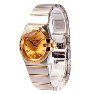 Omega Constellation 123.20.38.21.58.001 men's automatic watch, 38mm two-tone stainless steel and yellow gold-tone case, champagne Supernova dial, Roman numeral bezel, two-tone gold bracelet – side angle view, alternate
