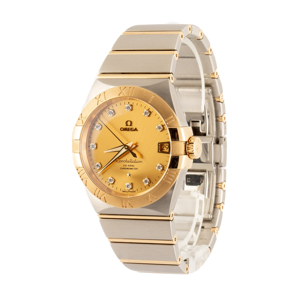 Omega Constellation 123.20.38.21.58.001 men's automatic watch, 38mm two-tone stainless steel and yellow gold-tone case, champagne Supernova dial, Roman numeral bezel, two-tone gold bracelet – side angle view