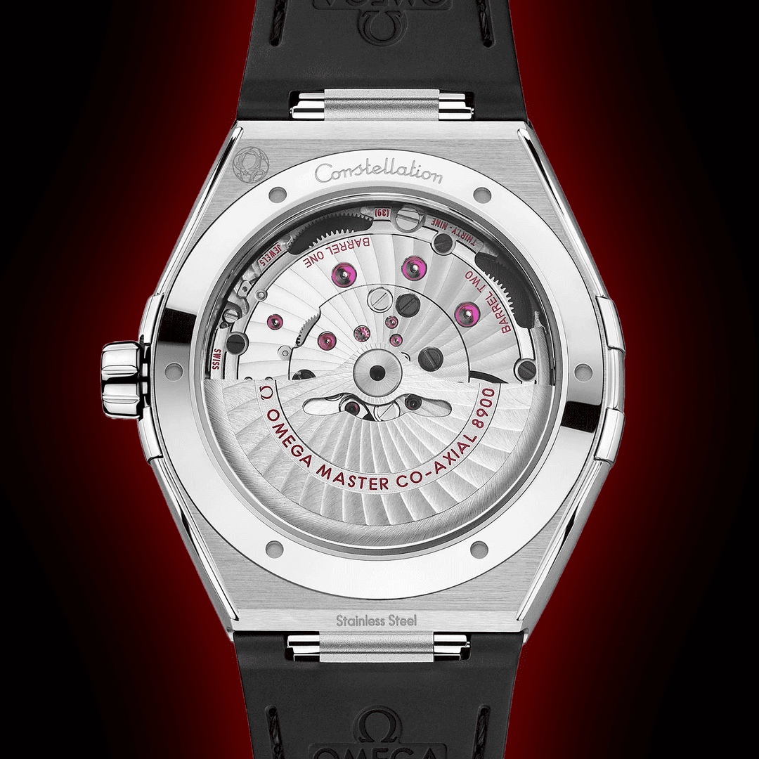 Omega Constellation 131.12.41.21.06.001 men's automatic watch, 41mm stainless steel – transparent caseback showing the automatic movement