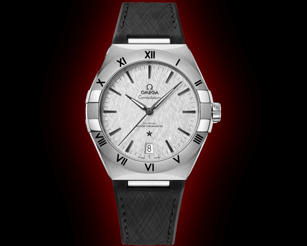 Omega Constellation 131.12.41.21.06.001 men's automatic watch, 41mm stainless steel case, grey dial, black rubber strap – front view on black background