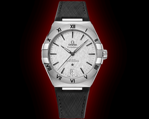 Omega Constellation 131.12.41.21.06.001 men's automatic watch, 41mm stainless steel case, grey dial, black rubber strap – front view on black background
