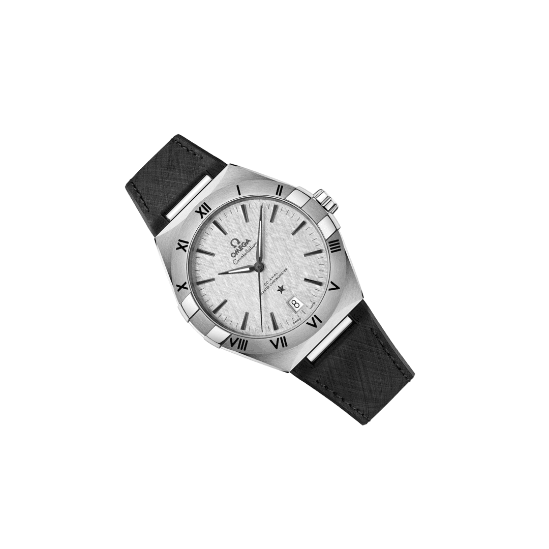 Omega Constellation 131.12.41.21.06.001 men's automatic watch, 41mm stainless steel case, grey dial, black rubber strap – left angle view