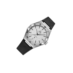 Omega Constellation 131.12.41.21.06.001 men's automatic watch, 41mm stainless steel case, grey dial, black rubber strap – right angle view