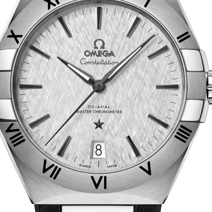 Omega Constellation 131.12.41.21.06.001 men's automatic watch – grey dial close-up with date window and Roman numeral bezel