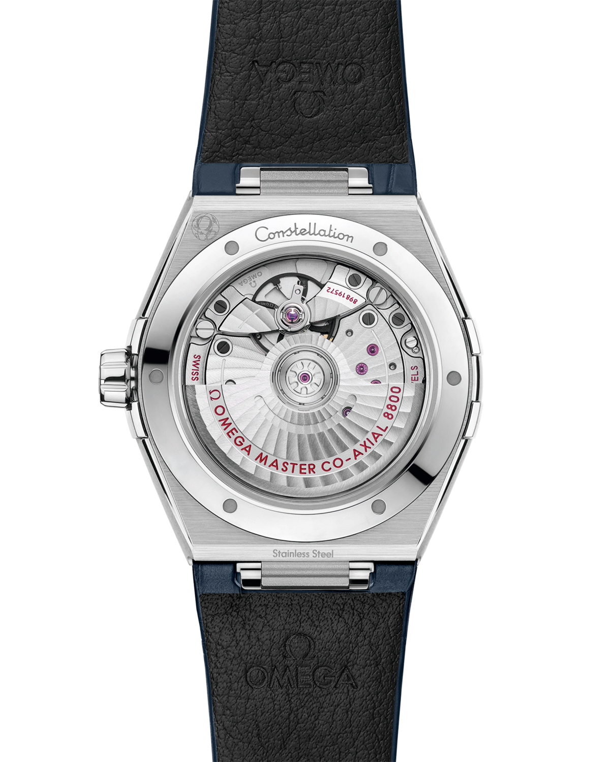 Omega Constellation 131.13.39.20.06.002 men's automatic watch, 39mm stainless steel case, grey dial, blue leather strap – caseback view