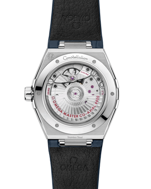 Omega Constellation 131.13.39.20.06.002 men's automatic watch, 39mm stainless steel case, grey dial, blue leather strap – caseback view