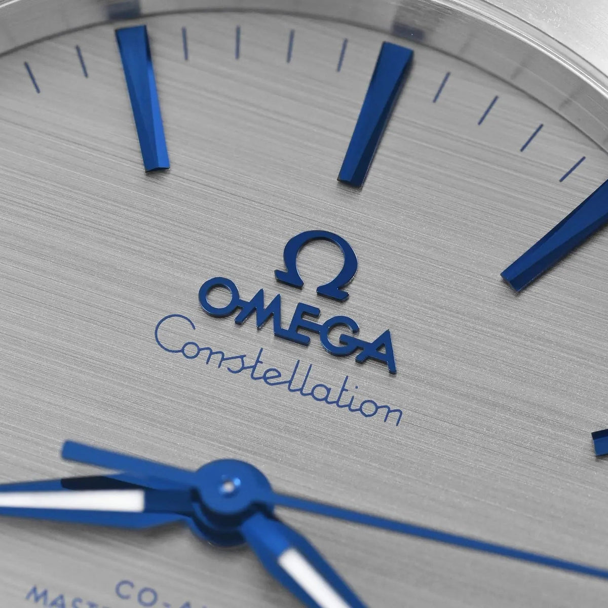 Omega Constellation 131.13.39.20.06.002 men's automatic watch, 39mm stainless steel case, grey dial, blue leather strap – dial close-up