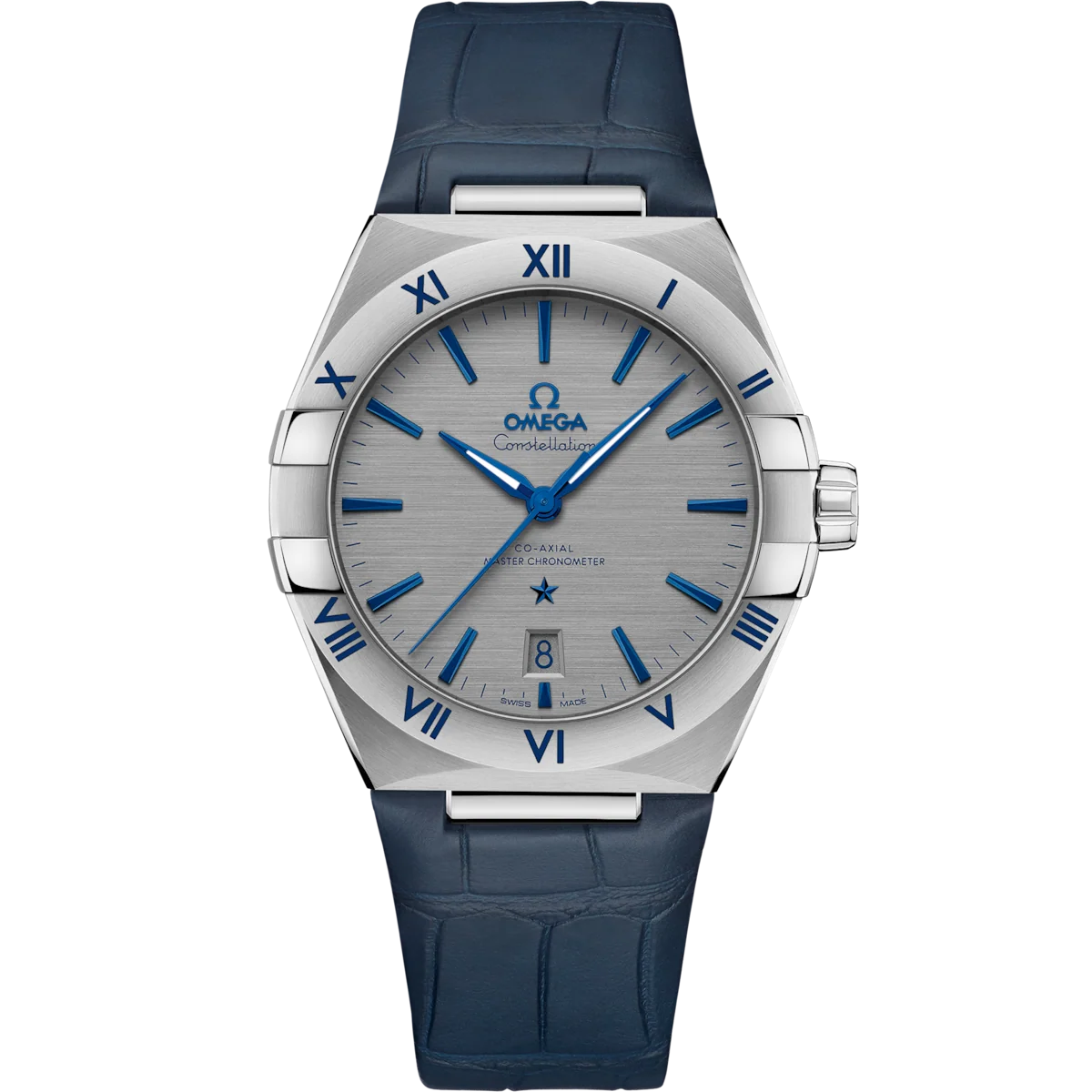 Omega Constellation 131.13.39.20.06.002 men's automatic watch, 39mm stainless steel case, grey dial, blue leather strap – front view