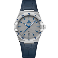 Omega Constellation 131.13.39.20.06.002 men's automatic watch, 39mm stainless steel case, grey dial, blue leather strap – front view