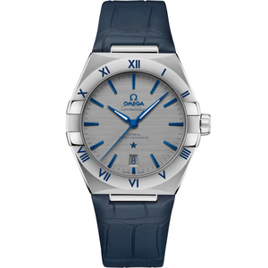 Omega Constellation 131.13.39.20.06.002 men's automatic watch, 39mm stainless steel case, grey dial, blue leather strap – front view