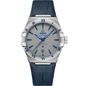 Omega Constellation 131.13.39.20.06.002 men's automatic watch, 39mm stainless steel case, grey dial, blue leather strap – full front view