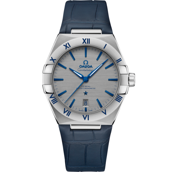 Omega Constellation 131.13.39.20.06.002 men's automatic watch, 39mm stainless steel case, grey dial, blue leather strap – full front view