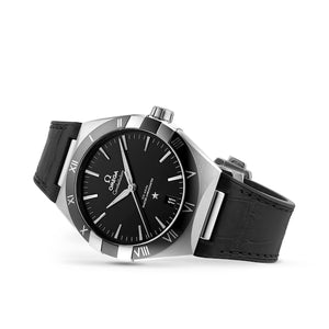 Omega Constellation 131.33.41.21.01.001 men's automatic watch, 41mm stainless steel case, black dial, black leather strap – angle view