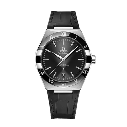 Omega Constellation 131.33.41.21.01.001 men's automatic watch, 41mm stainless steel case, black dial, black leather strap – front view
