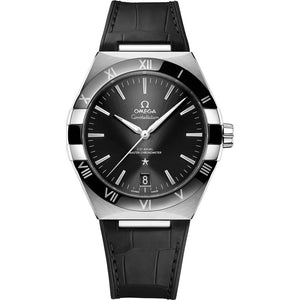Omega Constellation 131.33.41.21.01.001 men's automatic watch, 41mm stainless steel case, black dial, black leather strap – full front view