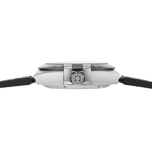 Omega Constellation 131.33.41.21.01.001 men's automatic watch, 41mm stainless steel case, black dial, black leather strap – side profile view