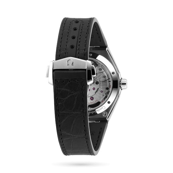 Omega Constellation 131.33.41.21.01.001 men's automatic watch, 41mm stainless steel case, black dial, black leather strap – strap clasp view