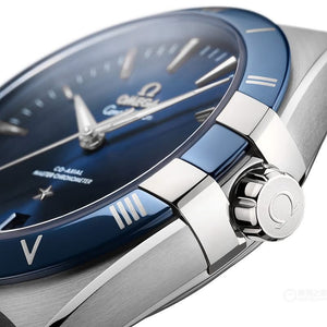 Omega Constellation 131.33.41.21.03.001 men's automatic watch – blue ceramic bezel with Roman numerals and case close-up