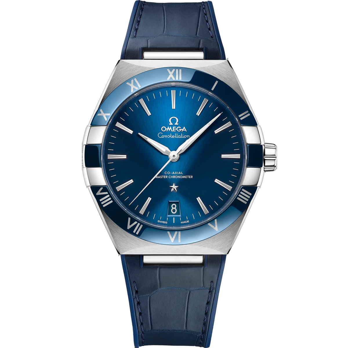 Omega Constellation 131.33.41.21.03.001 men's automatic watch, 41mm stainless steel case, blue dial, blue leather strap – front view