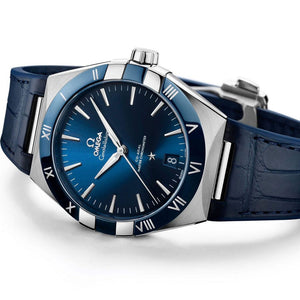 Omega Constellation 131.33.41.21.03.001 men's automatic watch, 41mm stainless steel case, blue dial, blue leather strap – side angle view