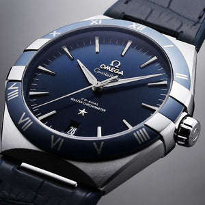 Omega Constellation 131.33.41.21.03.001 men's automatic watch – blue dial close-up on dark background