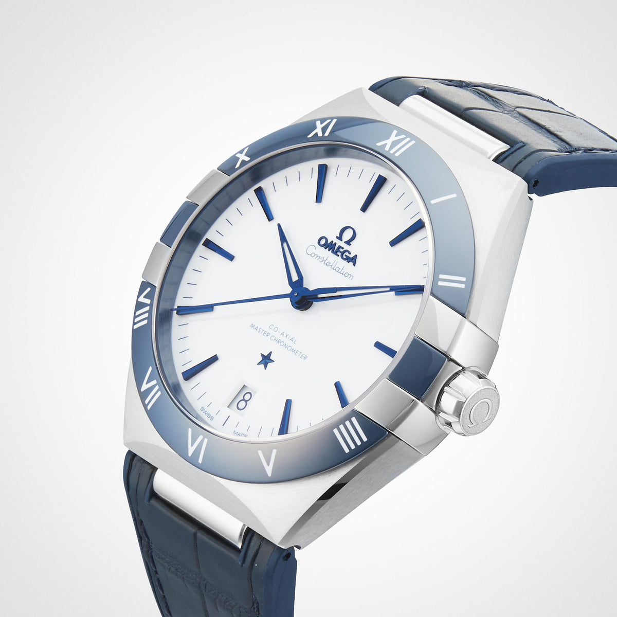 Omega Constellation 131.33.41.21.04.001 men's automatic watch, 41mm stainless steel case, white dial, blue ceramic bezel, blue leather strap – angle view on grey background