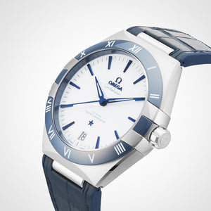 Omega Constellation 131.33.41.21.04.001 men's automatic watch, 41mm stainless steel case, white dial, blue ceramic bezel, blue leather strap – angle view on grey background