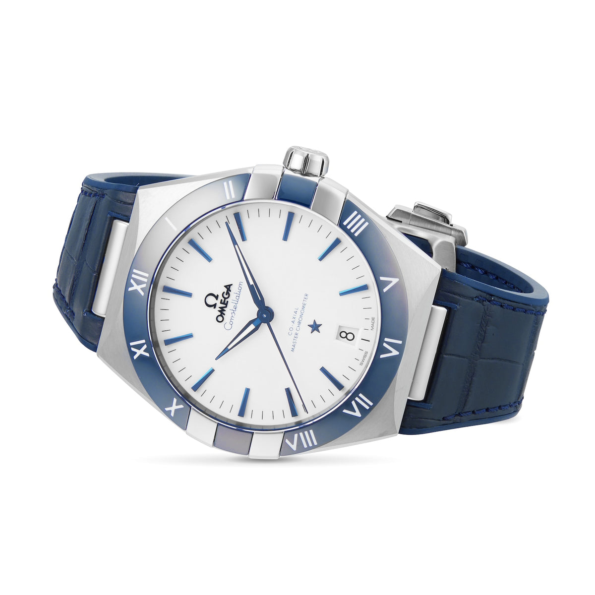 Omega Constellation 131.33.41.21.04.001 men's automatic watch, 41mm stainless steel case, white dial, blue ceramic bezel, blue leather strap – angle view