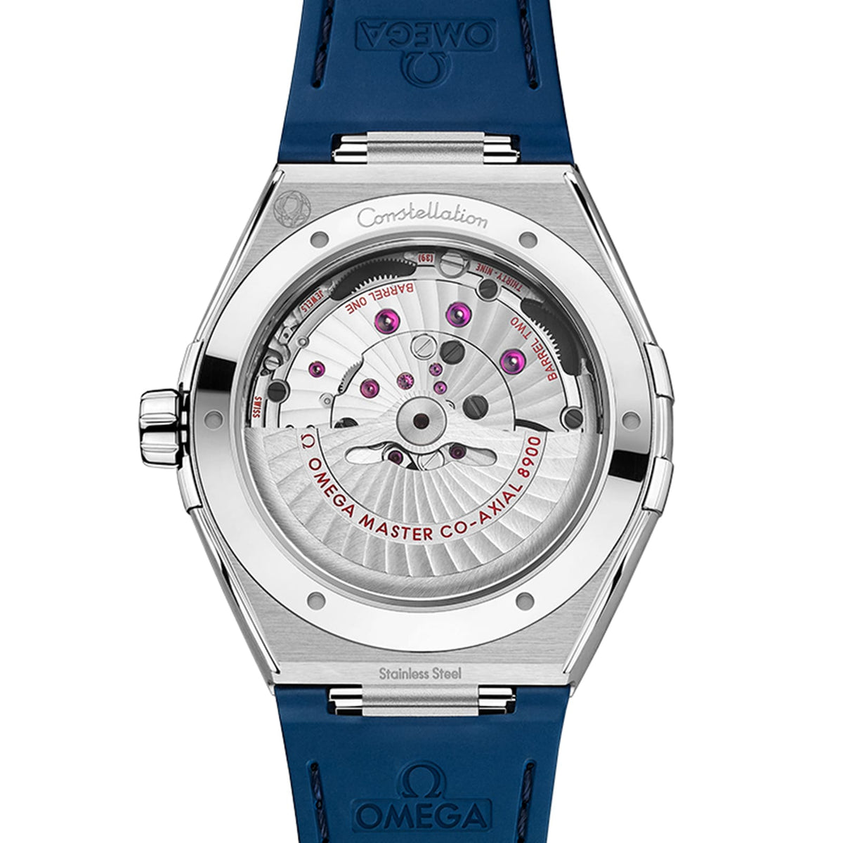 Omega Constellation 131.33.41.21.04.001 men's automatic watch, 41mm stainless steel case, white dial, blue ceramic bezel, blue leather strap – caseback movement view