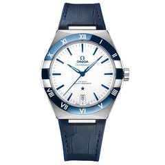 Omega Constellation 131.33.41.21.04.001 men's automatic watch, 41mm stainless steel case, white dial, blue ceramic bezel, blue leather strap – front view