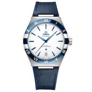Omega Constellation 131.33.41.21.04.001 men's automatic watch, 41mm stainless steel case, white dial, blue ceramic bezel, blue leather strap – front view