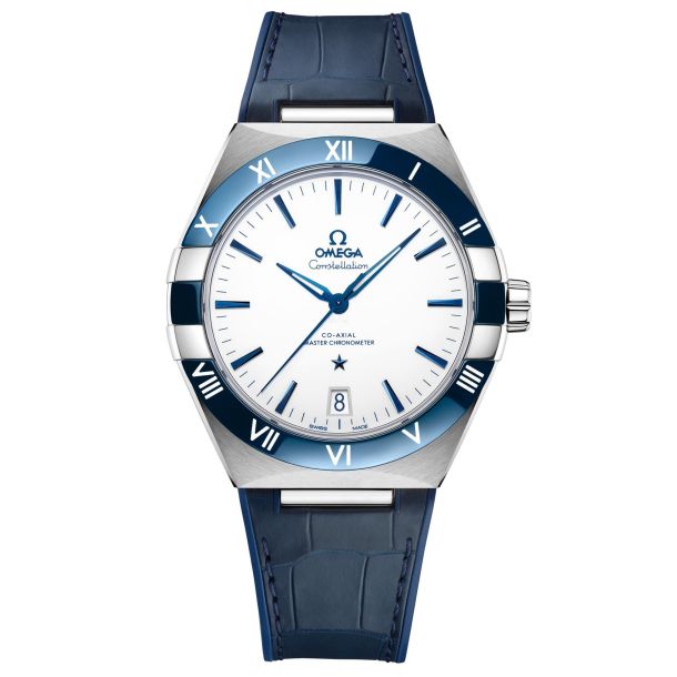 Omega Constellation 131.33.41.21.04.001 men's automatic watch, 41mm stainless steel case, white dial, blue ceramic bezel, blue leather strap – front view