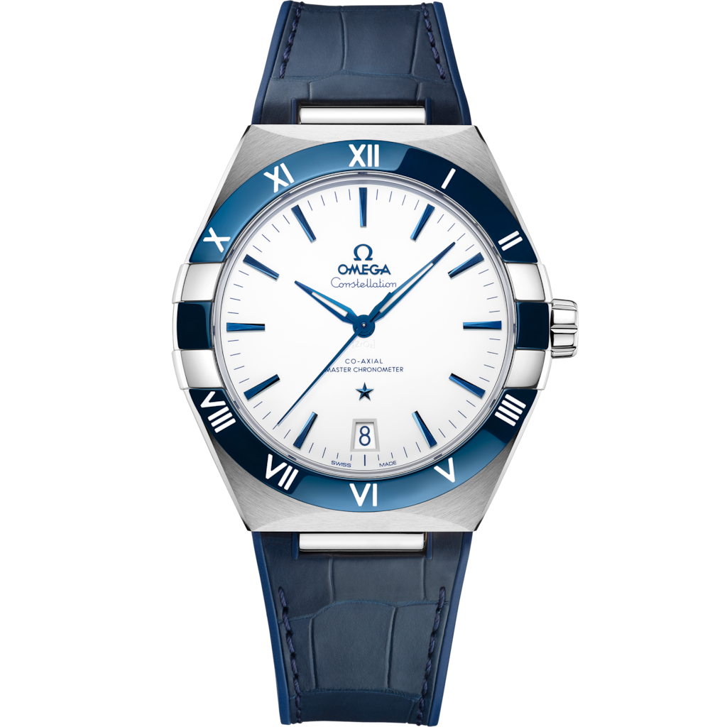 Omega Constellation 131.33.41.21.04.001 men's automatic watch, 41mm stainless steel case, white dial, blue ceramic bezel, blue leather strap – full front view