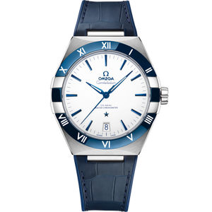 Omega Constellation 131.33.41.21.04.001 men's automatic watch, 41mm stainless steel case, white dial, blue ceramic bezel, blue leather strap – full front view