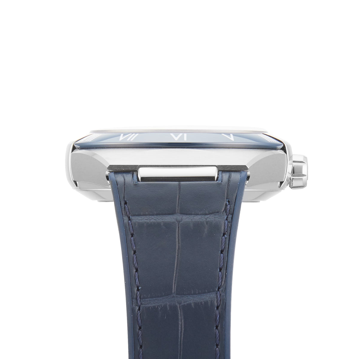 Omega Constellation 131.33.41.21.04.001 men's automatic watch, 41mm stainless steel case, white dial, blue ceramic bezel, blue leather strap – side profile view
