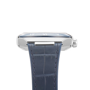 Omega Constellation 131.33.41.21.04.001 men's automatic watch, 41mm stainless steel case, white dial, blue ceramic bezel, blue leather strap – side profile view