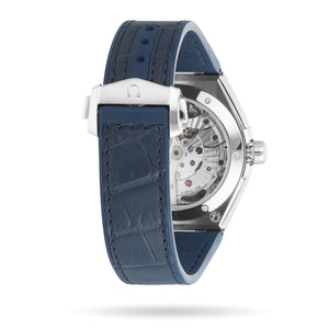 Omega Constellation 131.33.41.21.04.001 men's automatic watch, 41mm stainless steel case, white dial, blue ceramic bezel, blue leather strap – strap clasp view