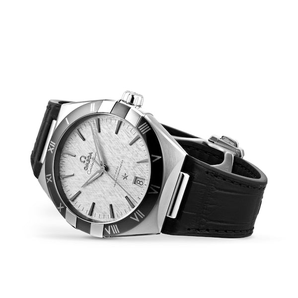 Omega Constellation 131.33.41.21.06.001 men's automatic watch, 41mm stainless steel case, grey dial, black leather strap – angle view