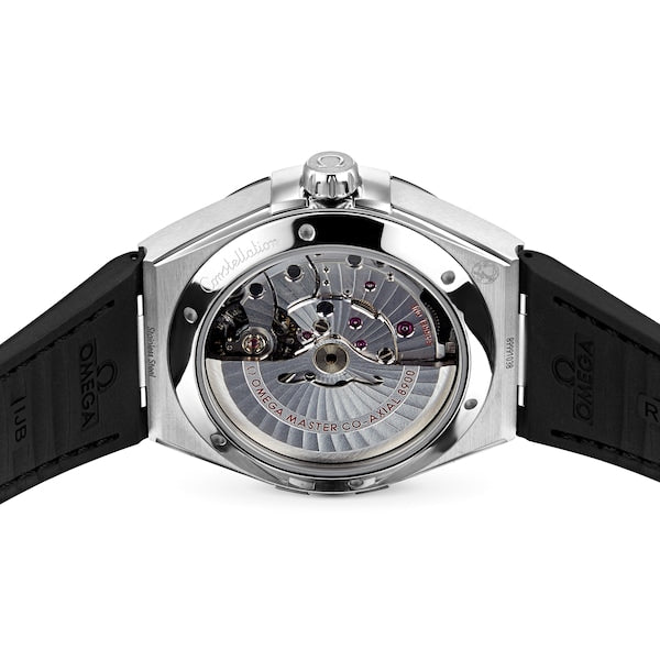 Omega Constellation 131.33.41.21.06.001 men's automatic watch, 41mm stainless steel case, grey dial, black leather strap – caseback view