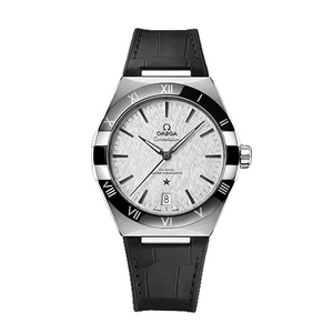 Omega Constellation 131.33.41.21.06.001 men's automatic watch, 41mm stainless steel case, grey dial, black leather strap – front view