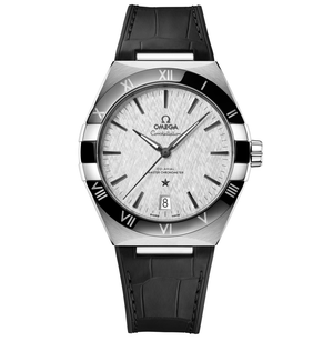Omega Constellation 131.33.41.21.06.001 men's automatic watch, 41mm stainless steel case, grey dial, black leather strap – full front view