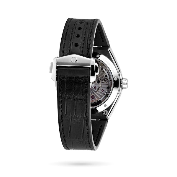 Omega Constellation 131.33.41.21.06.001 men's automatic watch, 41mm stainless steel case, grey dial, black leather strap – strap clasp view