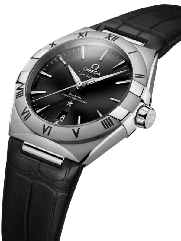Omega Constellation men's automatic watch, 39mm stainless steel case, Roman numeral bezel, leather strap – angle view