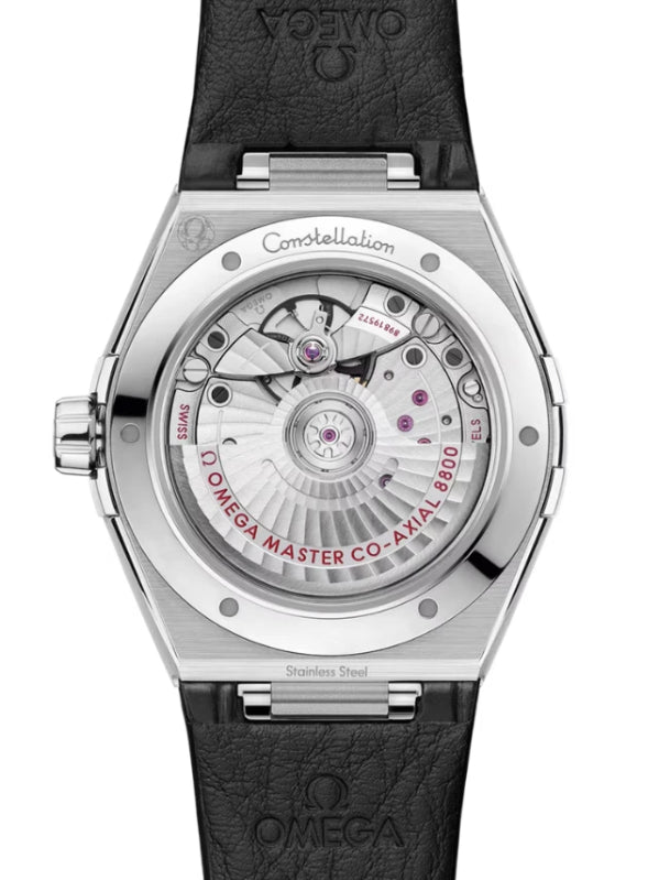 Omega Constellation men's automatic watch, 39mm stainless steel case, Roman numeral bezel, leather strap – caseback movement view