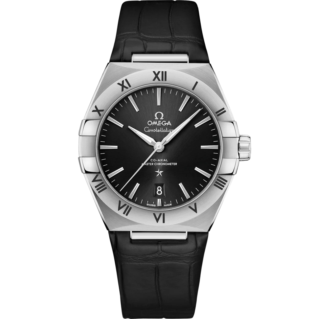 Omega Constellation men's automatic watch, 39mm stainless steel case, Roman numeral bezel, leather strap – front view