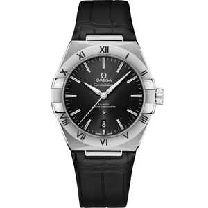 Omega Constellation men's automatic watch, 39mm stainless steel case, Roman numeral bezel, leather strap – front view